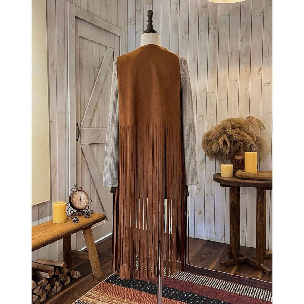 SHEIN LUNE Autumn/Winter Sleeveless Long camel tan Fringe Boho Style Casual Jack - Picture 2 of 8